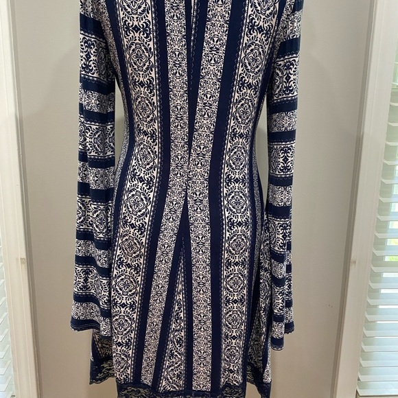 Teeze Me Blue and White Sheath Dress with Bishop Sleeves - Picture 2 of 3